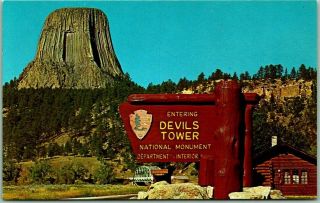 Vintage Devils Tower Wyoming Postcard W/ Sign & Visitor Center View C1950s
