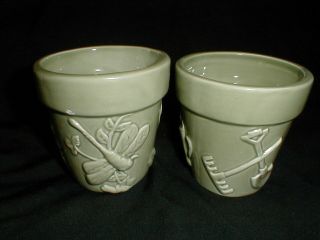 2 Ceramic Celadon Green Gardening Mini Votive Candle Holder Flower Pots - Two
