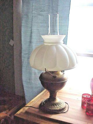 Antique Brass Fancy Base Electrified Oil Lamp With Glass Shade