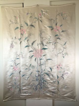 Large Antique Vintage Chinese Fine Silk Embroidery Flower Plant (75” X 59” In. )