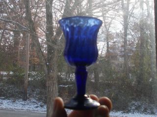 Pontiled Cobalt Blue Glass Swirled Rib Pattern Wine Glass Crude Applied Base