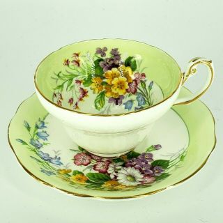 Eb Foley Bone China Cup & Saucer Floral Motif On Lt Green Band C.  1948 - 63 Antique