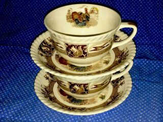 Vintage Barnyard King Turkey Johnson Bros England Porcelain Set 4 Cups Saucers
