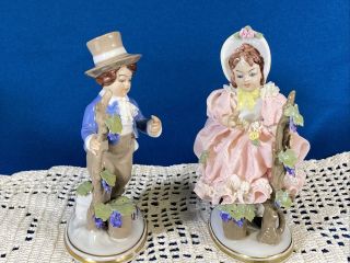 Pair Dresden Porcelain Lace Figurines Man & Woman 5.  5 "