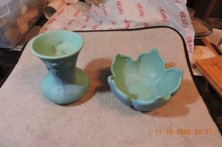 Vintage Van Briggle Art Pottery Tulip Leaf Bowl Matte Blue Green Tulip Vase X - 2
