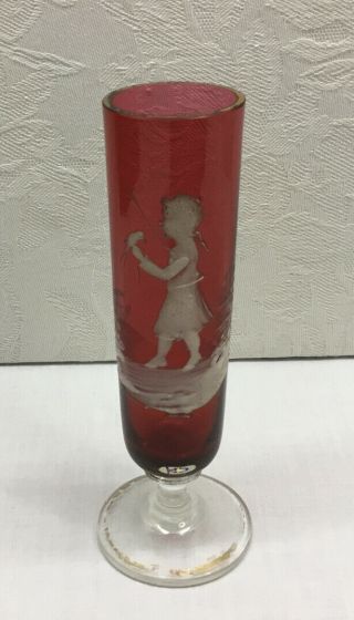 Antique Mary Gregory Ruby Glass Vase - Hand Painted Girl W/bird,  5.  25”,  Pedestal