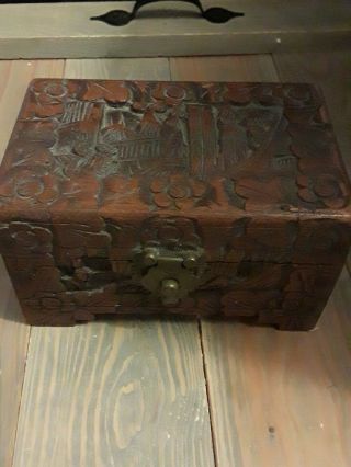 Vtg Intricate Hand Carved Floral Wood Jewelry/ Trinket Box W/brass Flowers 6”