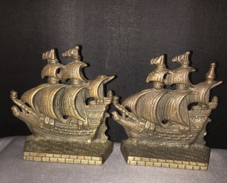Vintage Nautical Cast Bronze Spanish Galleon Sailing Ship Bookends Circa 1930