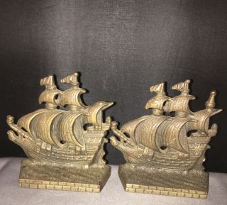 Vintage Nautical Cast Bronze Spanish Galleon Sailing Ship Bookends Circa 1930 2