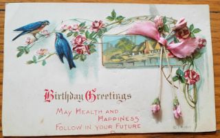 Bluebirds & Pink Roses By River Scene - Old Birthday Pc - Attached Bow On Paper Rose