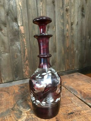 Antique Small Red Victorian Bohemian Glass Decanter With Stopper