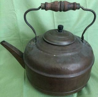 Large Antique Copper Kettle With Wooden Handle
