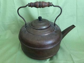 Large Antique Copper Kettle with Wooden Handle 2