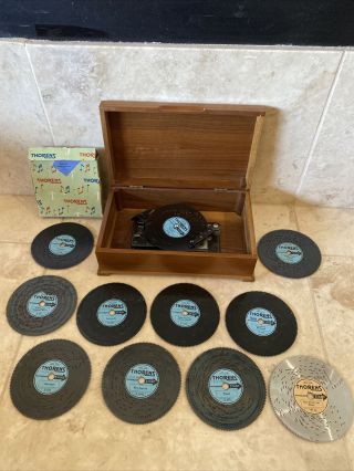 Vintage Thorens Wind Up Automatic Music Box With 11 Discs Made In Switzerland