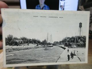 Vintage Old Postcard Michigan Charlevoix Yacht Sylvia Boat Water Tower River Men