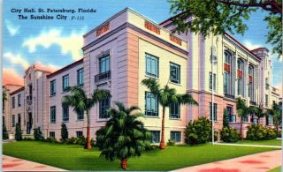 Postcard City Hall Saint Petersburg St Pete Building Vintage Vtg Linen Florida