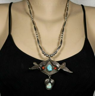 Vintage Old Pawn Navajo Double Bird Bench Bead Sterling & Turquoise Necklace