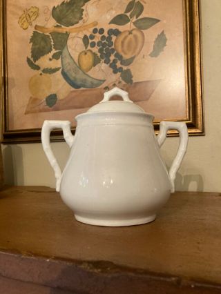 Antique Primitive White Ironstone Covered Sugar Bowl - Bamboo Style Handles