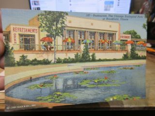 Vintage Old Postcard Illinois Chicago Brookfield Park Zoo Refreshment Stand Pond
