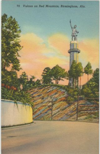 Birmingham,  Al Postcard Vulcan Iron Man Statue On Red Mountain Vintage Linen Old
