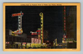 Las Vegas Nv Overland Hotel At Night Fremont C1950 Linen Vintage Nevada Postcard