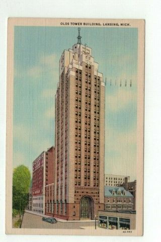 Mi Lansing Michigan 1946 Linen Post Card " Olds Tower Building "