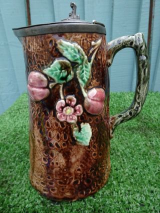 19thc Majolica Jug With Fruits,  Flowers,  & Leaves With Pewter Lid C1880s