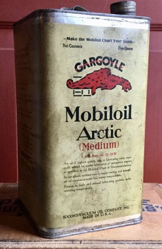 Early Vintage 5 Gallon Gargoyle Mobiloil Artic Oil Tin Can Gas Service Station