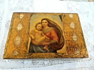 Vintage Italian Florentine Gold Gilt Wooden Trinket/rosary Box Madonna And Child