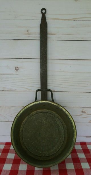 Antique Primitive Hand Hammered Copper/tin Pan W/long Forged Iron Handle