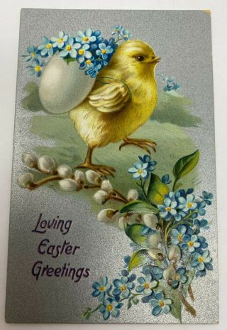 Vintage Loving Easter Greetings With Baby Chick & Flowers Embossed Postcard