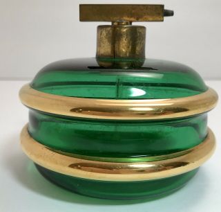 Art Deco Czech Gold Enameled Green Glass Perfume Bottle Atomizer