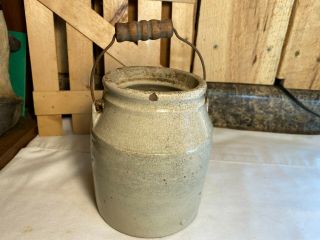 Antique Stoneware Crock Jug Jar Wood Wire Bail Handle No Lid