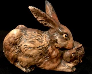 Vintage 1975 Goebel Brown Bunny Rabbit Mother & Baby Figurine Germany 34 - 301