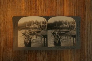 Keystone Stereoview Of Tlingit Village And Canoe In Alaska,