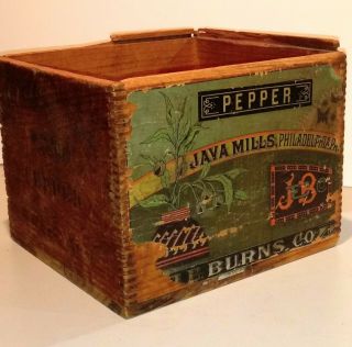 Vintage Dovetailed Wood Crate,  Paper Label,  Java Mills Peppers,  Philadelphia