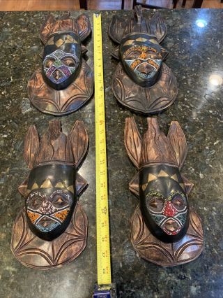 4 - Vtg African Wooden Hand Carved Face Mask Tribal Folk Art Wall Hanging Set - 4