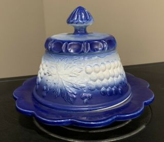 Vintage Covered Butter Cheese Dish Dome Cobalt Blue Stoneware Pottery