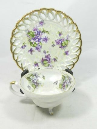 Royal Sealy Riviera 3 - Footed Iridescent/lusterware Tea Cup Saucer Floral Lattice