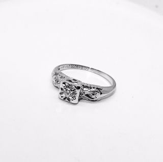 Vintage 14k Solid White Gold And Diamond Engagement Ring