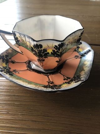 Vintage Shelley Art Deco Queen Anne Talll Trees And Sunrise Tea Cup & Saucer