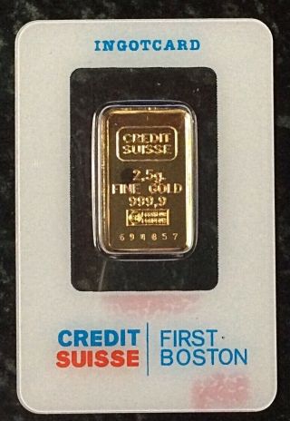 Vintage Credit Suisse 2.  5 Gram.  9999 Gold Bar First Boston Assay Card Valcami