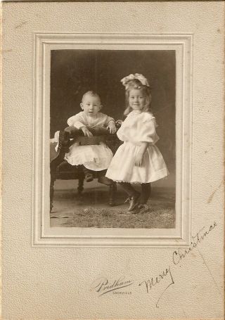 Antique Cabinet Photo " Little Girl In Dress With Baby In Chair "