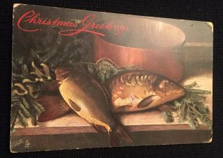 Christmas Raphael Tuck & Son Oilette Still Life Vintage Postcard Copper Pot Fish