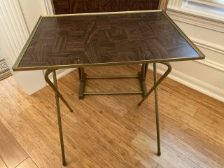 Set Of 4 Vintage Faux Wood TV Tray Tables w Brass Colored Legs & Stand - VGC 2