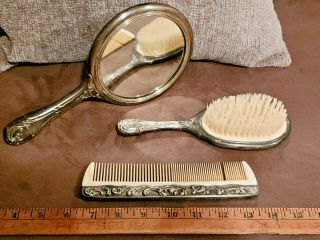 Vintage 3 - Piece Silver Plated Vanity Set Hand Mirror,  Brush,  And Comb