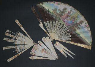 3 Antique Fans 18th - 19th Centuries Brise And Hand Painted Leaf
