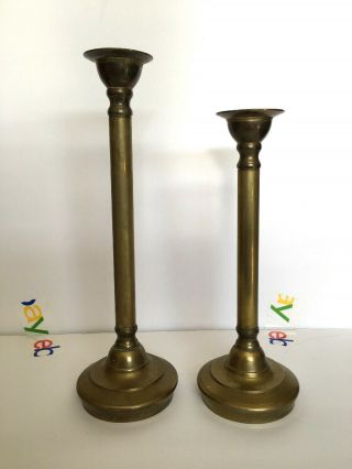 2 Vtg Solid Brass Candle Candlestick Holders 12 " & 14 " Tall Made In India