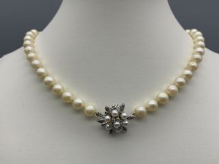 Vintage 7mm Cultured Pearl Necklace Heavy 14k White Gold Diamond Clasp (09232008)