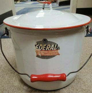Vintage Federal Enamelware Diaper Pail Chamber Pot Red White With Label